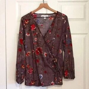 New York Laundry Wrap Tied Tunic Top Size 1X Brown Floral Pattern Boho Artsy